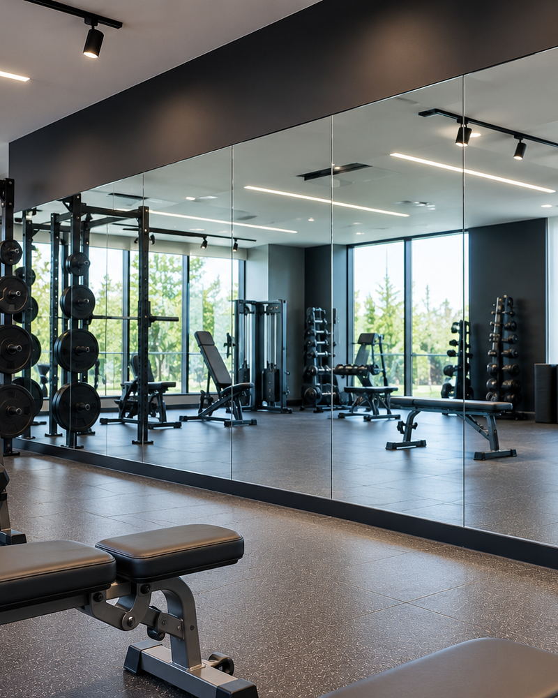 Large commercial mirrors in fitness studio