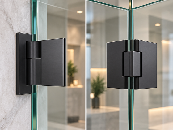 Shower hardware including hinges and handles installed on frameless glass