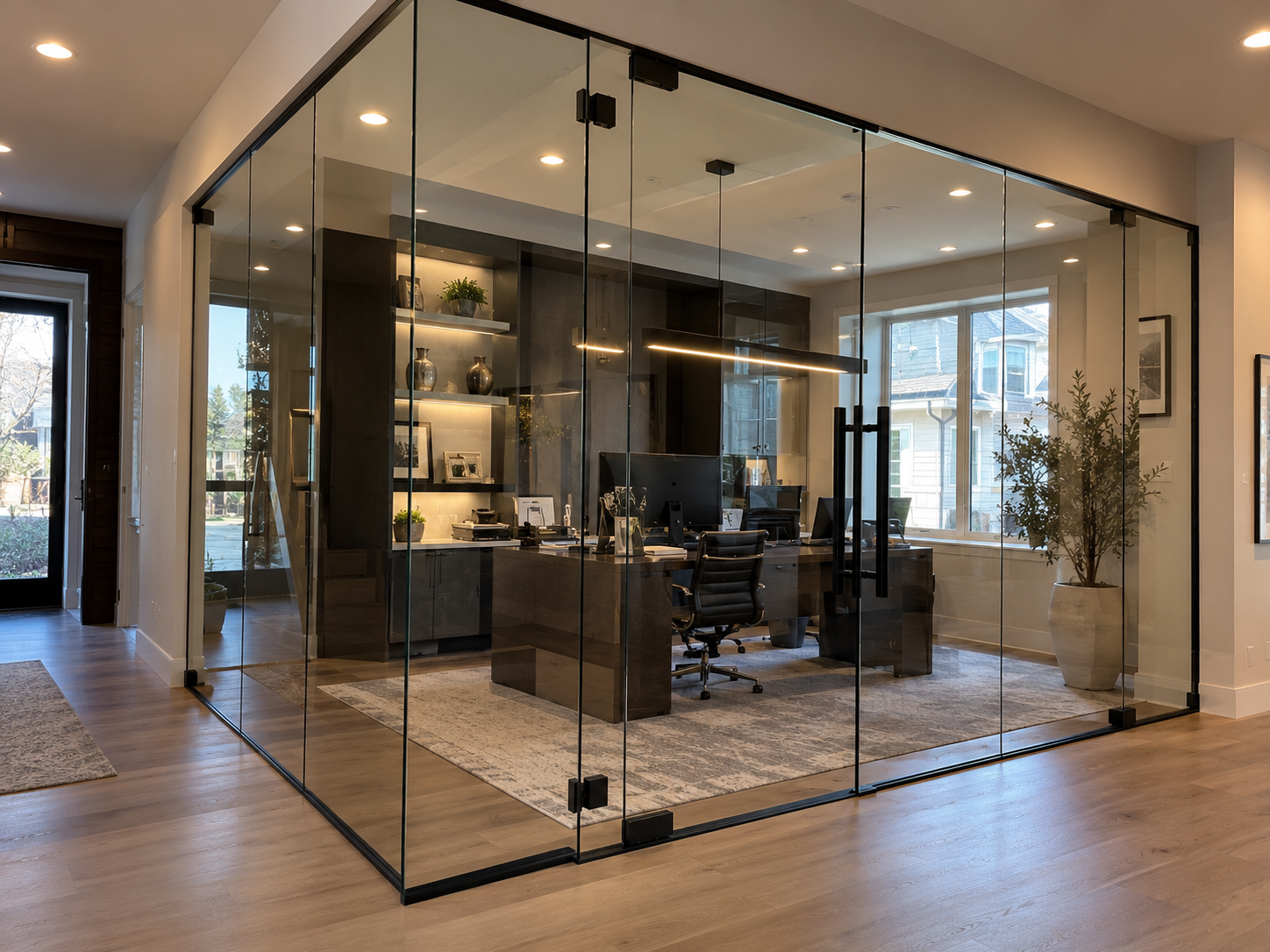 Modern home office with glass enclosure mountain view