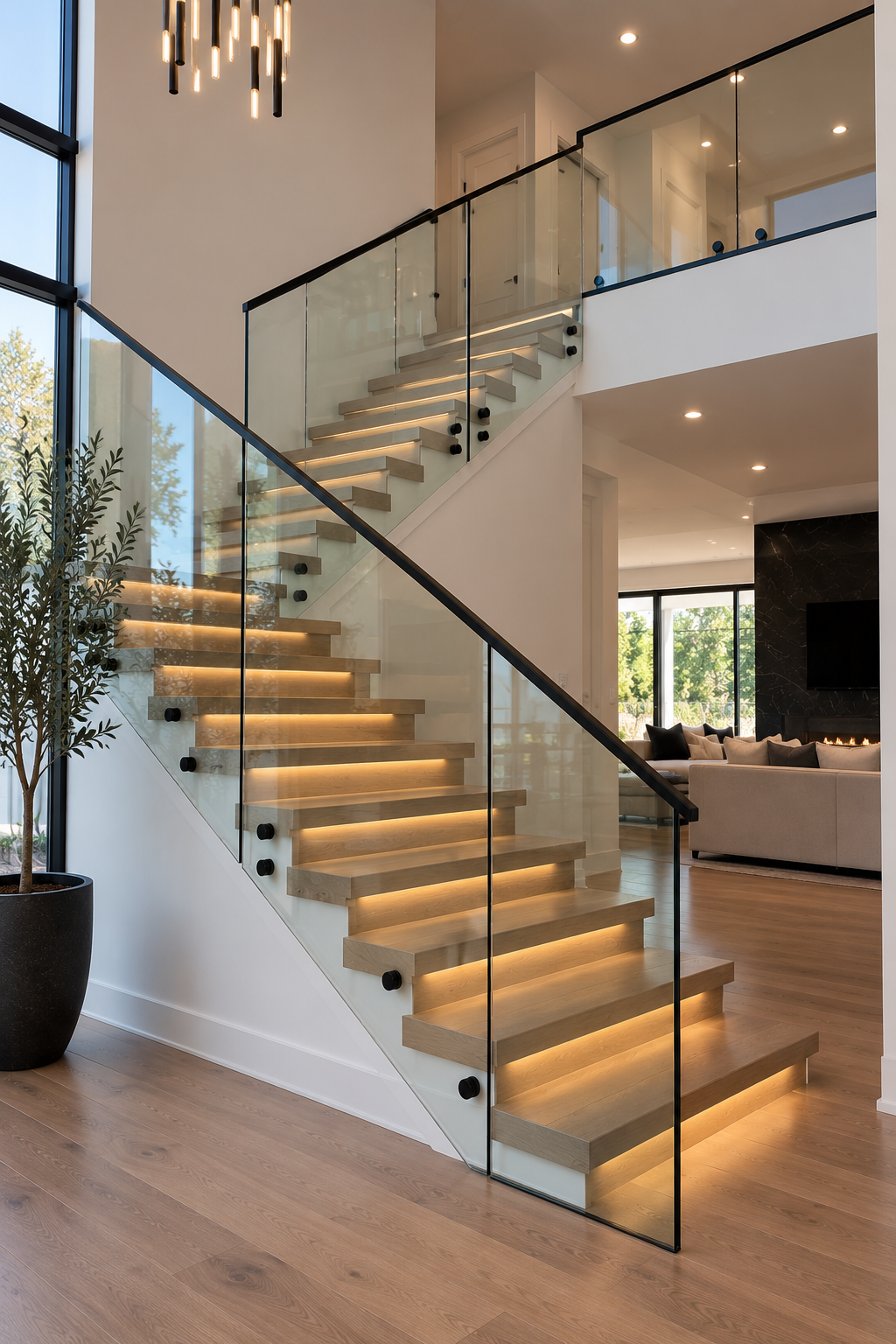 Modern staircase glass railing interior design