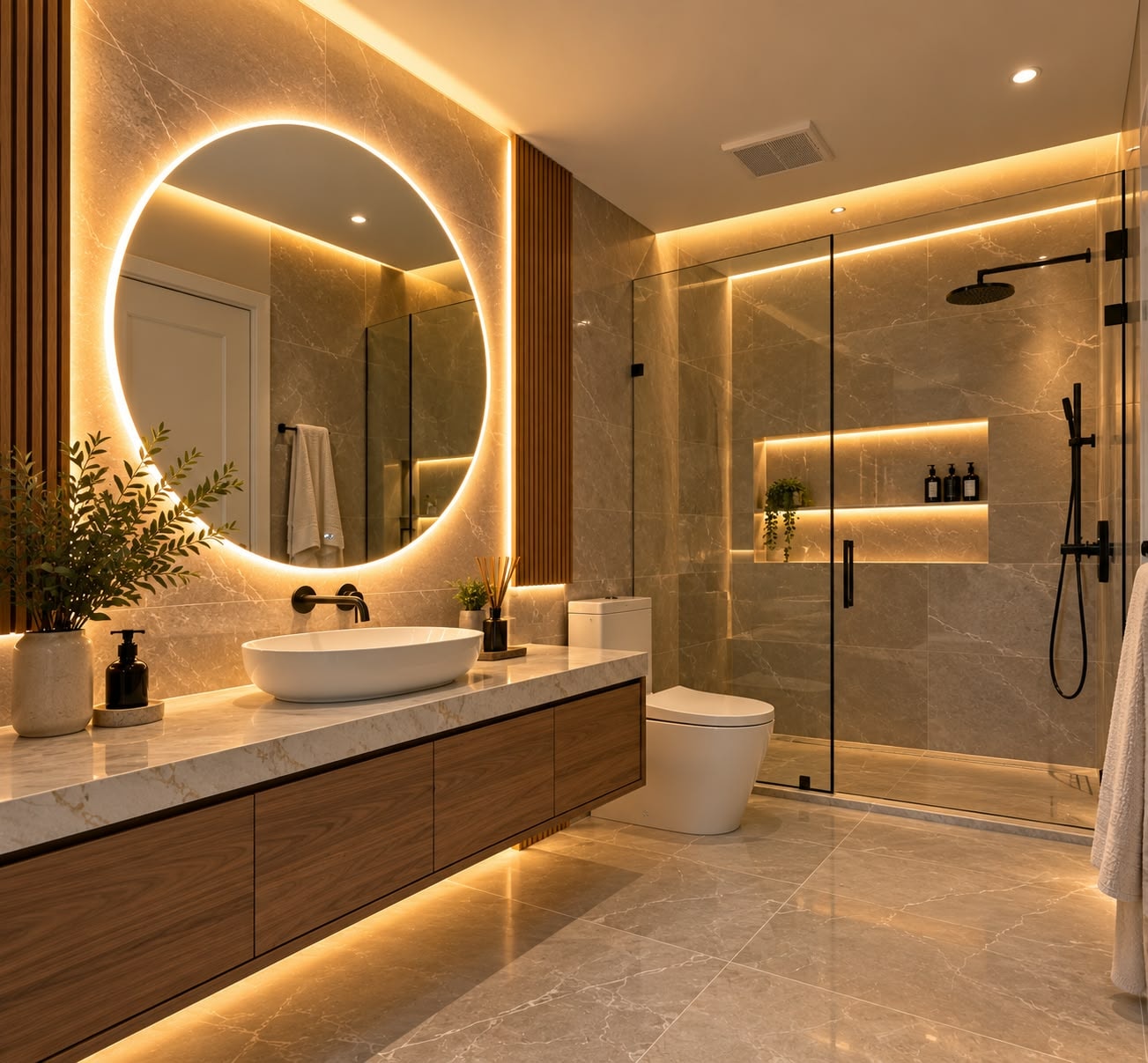 Modern foyer with illuminated staircase and LED mirror