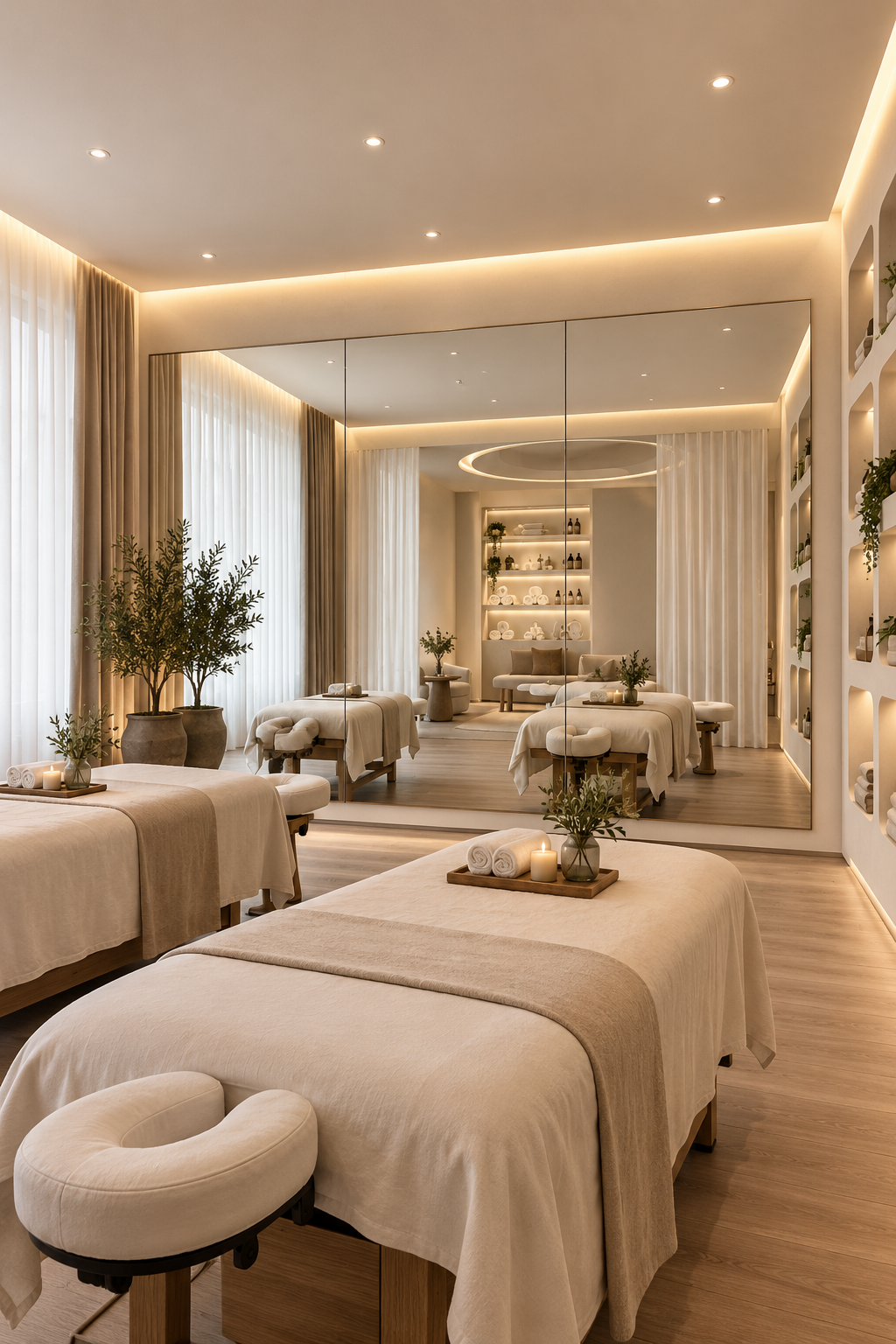 Luxury spa treatment room interior with frameless mirror