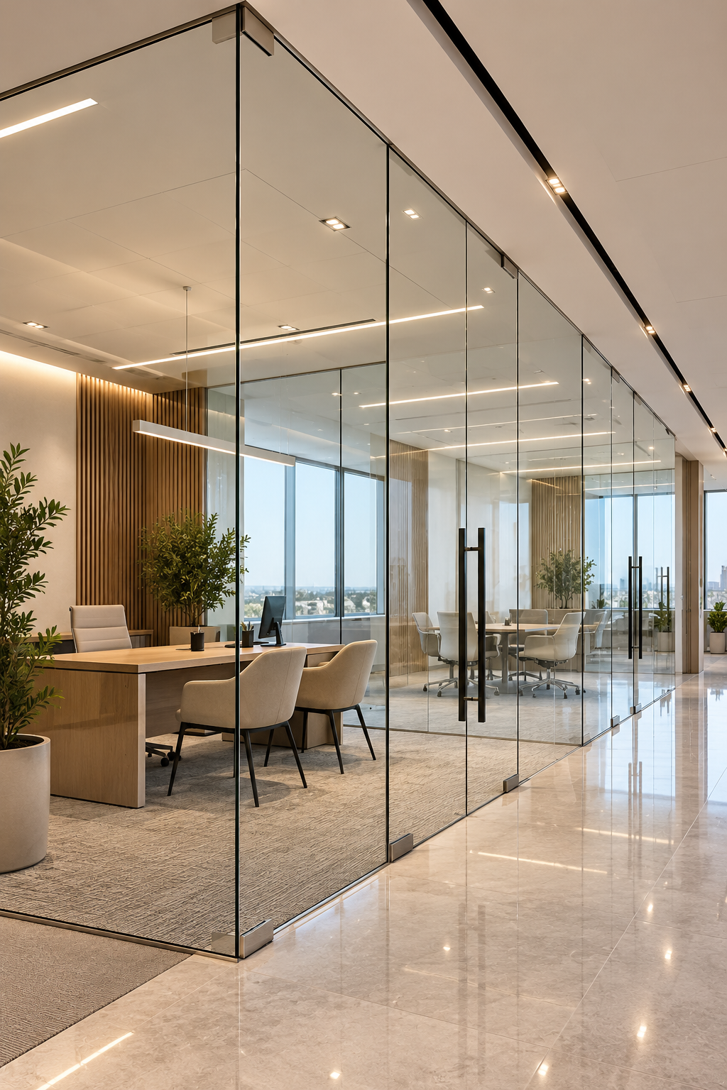 Modern frameless glass office conference room with cityscape