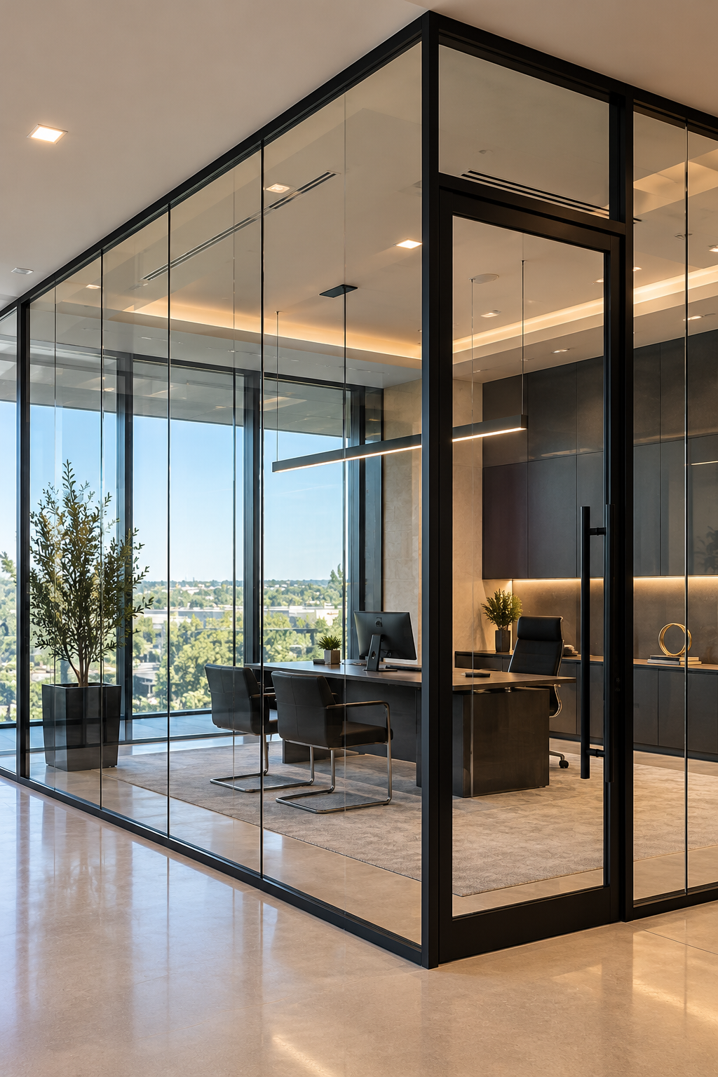 Modern framed glass office with city view