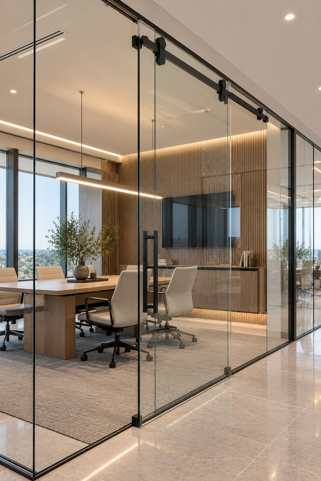 Modern office conference room with glass sliding doors