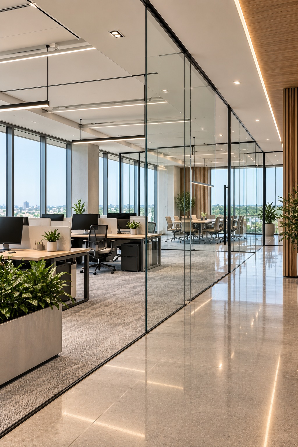 Modern office glass partition walls open plan workspace