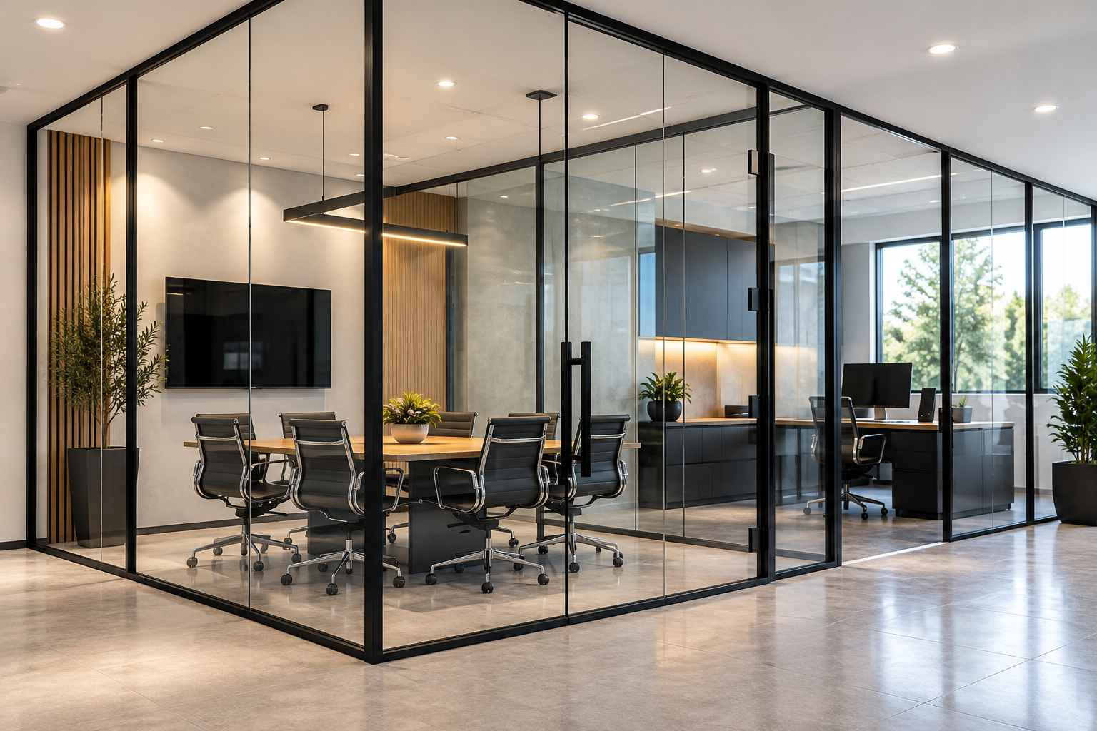 Modern office interior glass partitions workspace