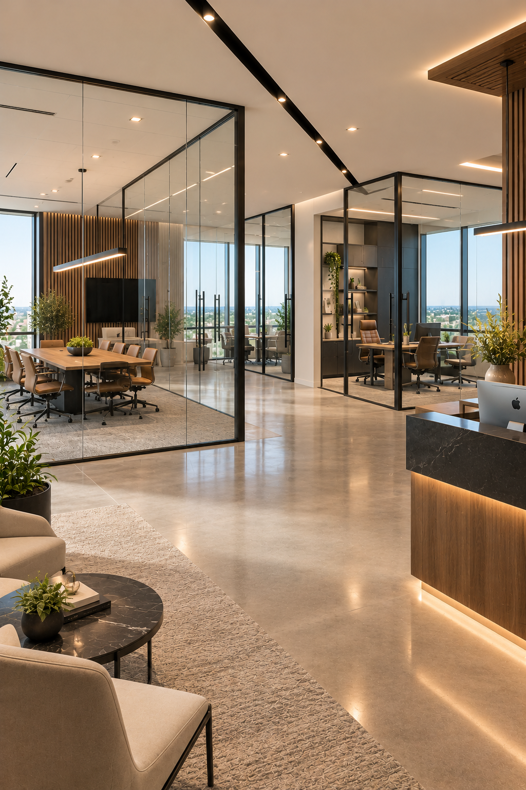 Modern office glass partition walls cityscape