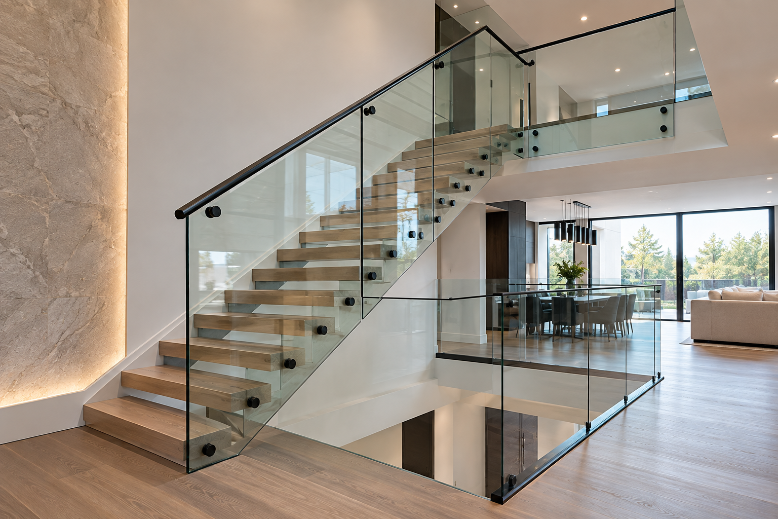 Modern staircase in luxury open-plan home with glass railing