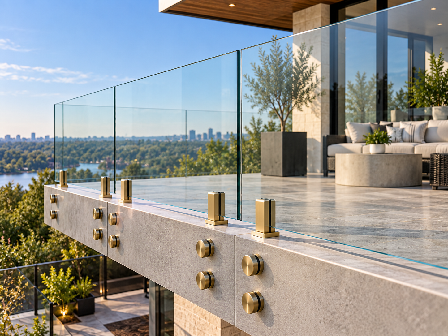 Modern patio glass railing overlooking pool