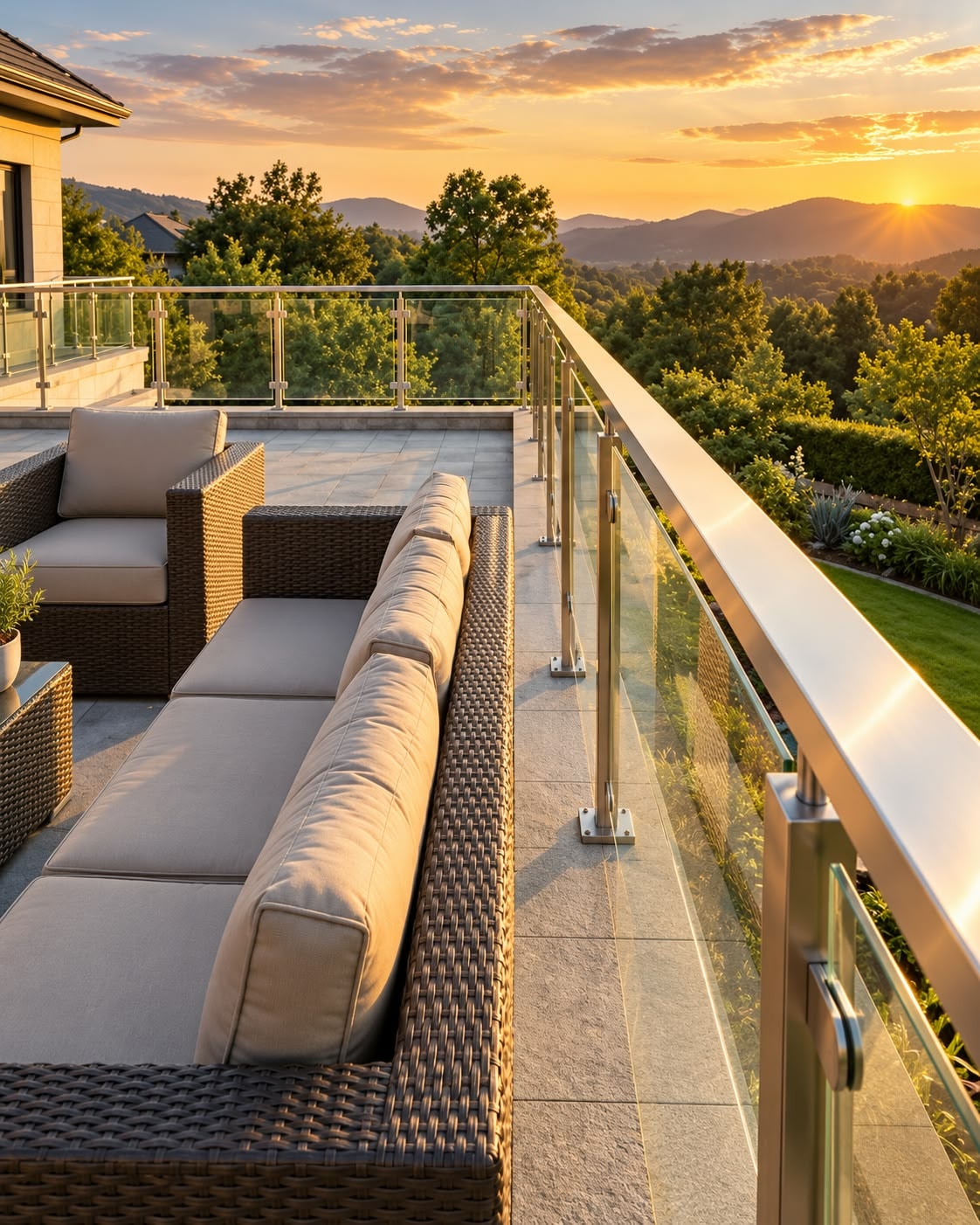 Modern rooftop terrace glass railing at sunset