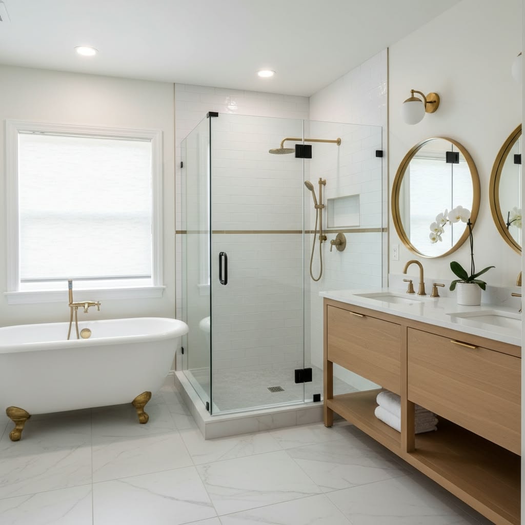 Modern luxury bathroom with marble walk-in shower