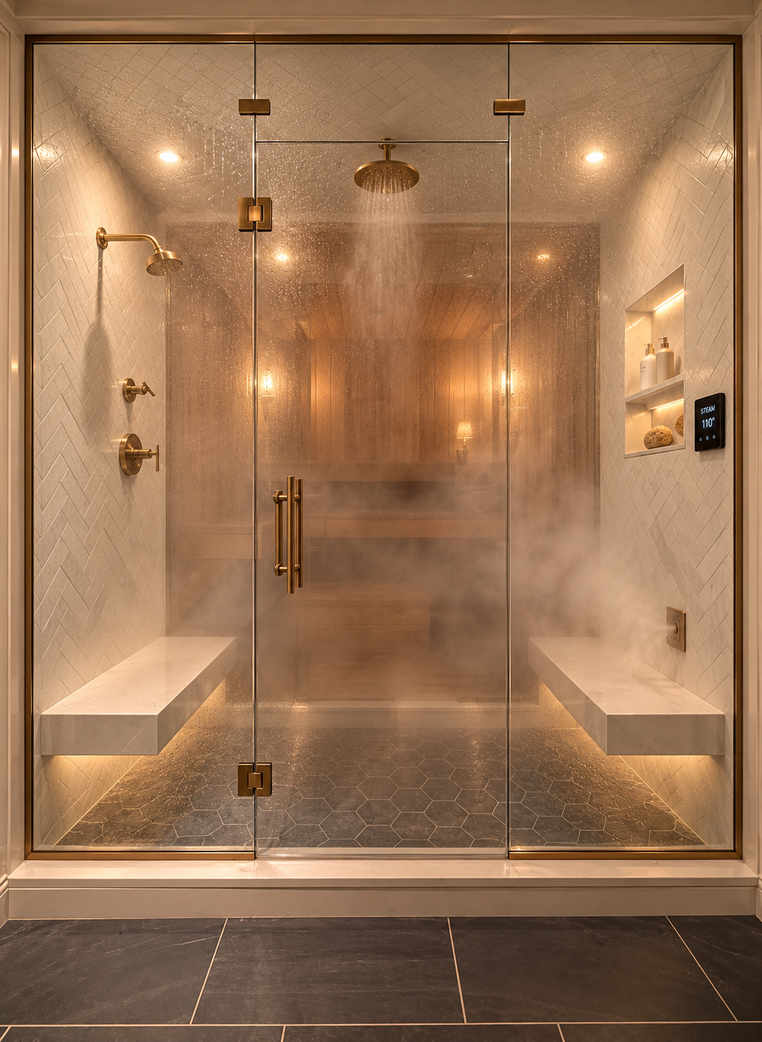 Modern luxury bathroom with marble steam shower enclosure