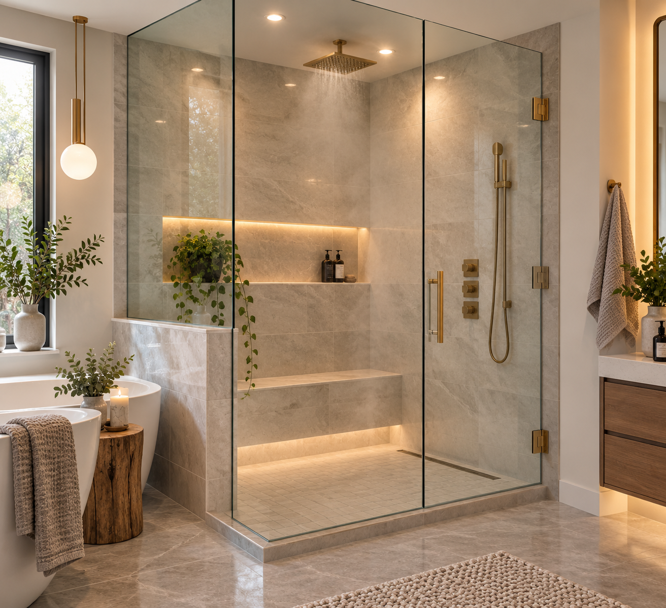 Modern marble bathroom with L-shaped glass shower enclosure