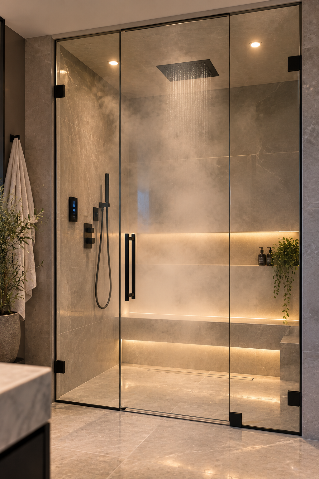 Modern marble bathroom with inline glass shower enclosure