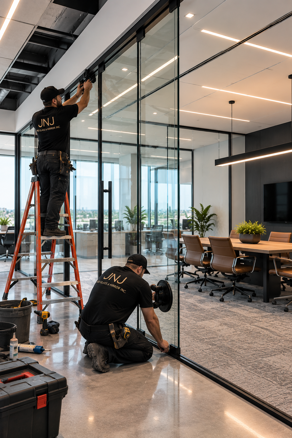 Workers installing large glass window panels commercial