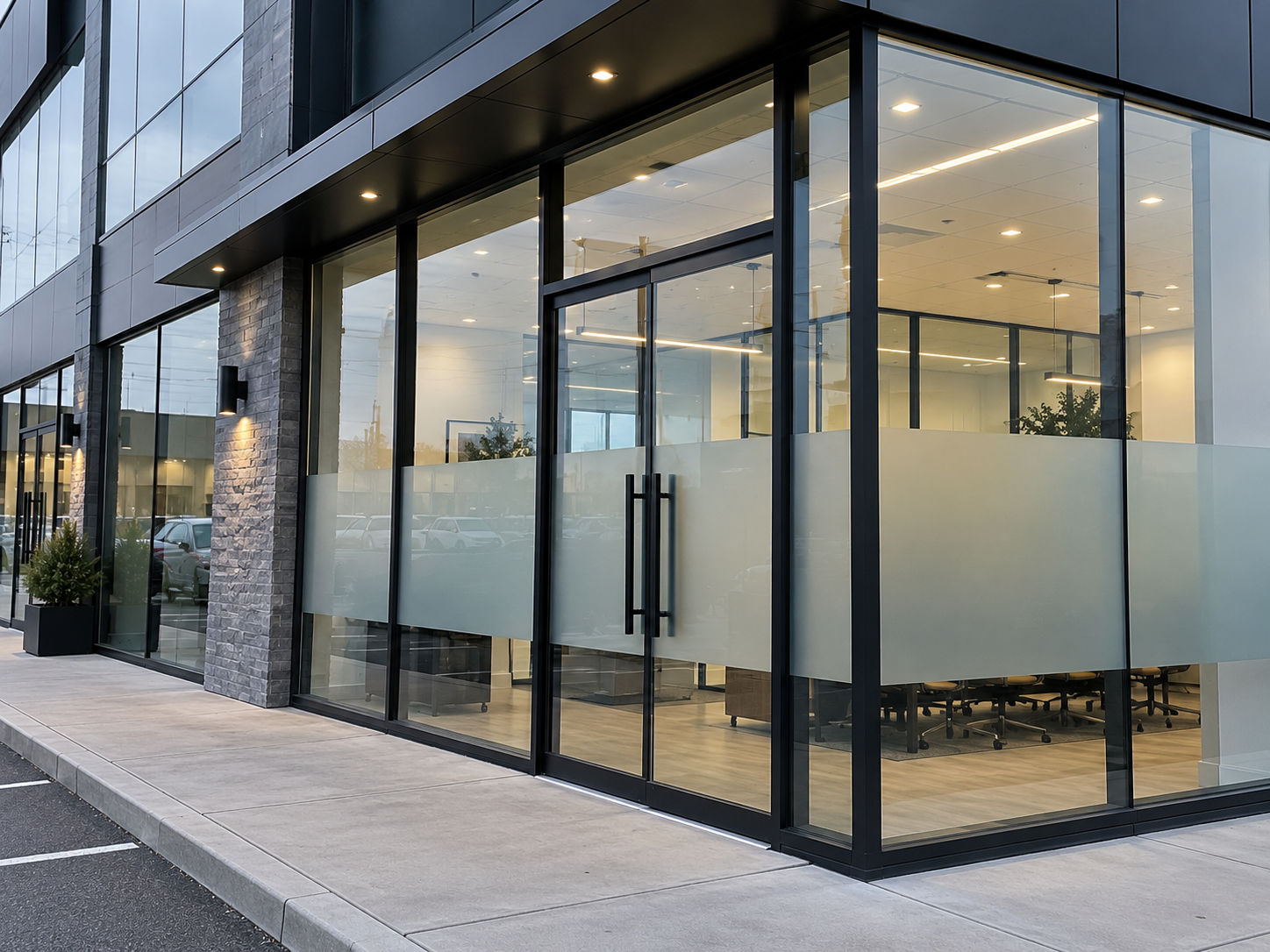 Modern office hallway glass partitions fire-rated commercial