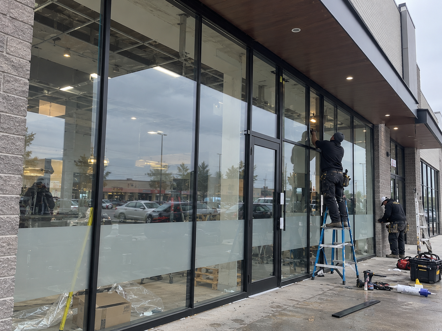 Workers installing glass storefront doors commercial