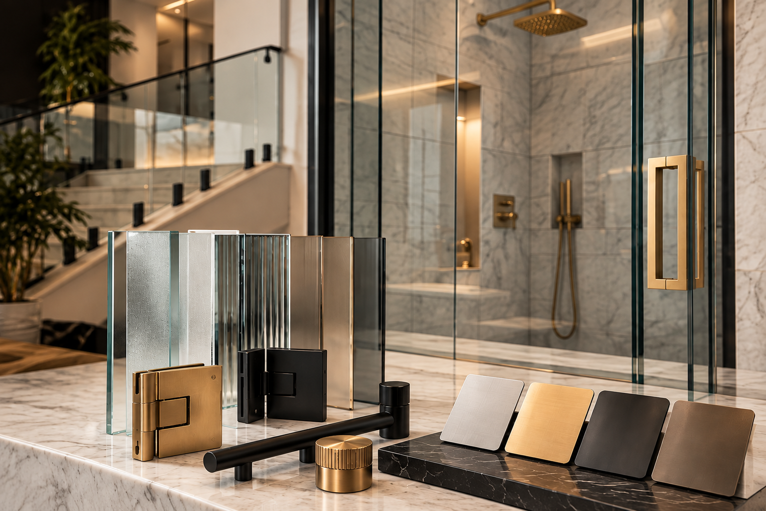 Custom glass design options — glass styles, shower hardware and hardware finishes displayed on a marble surface