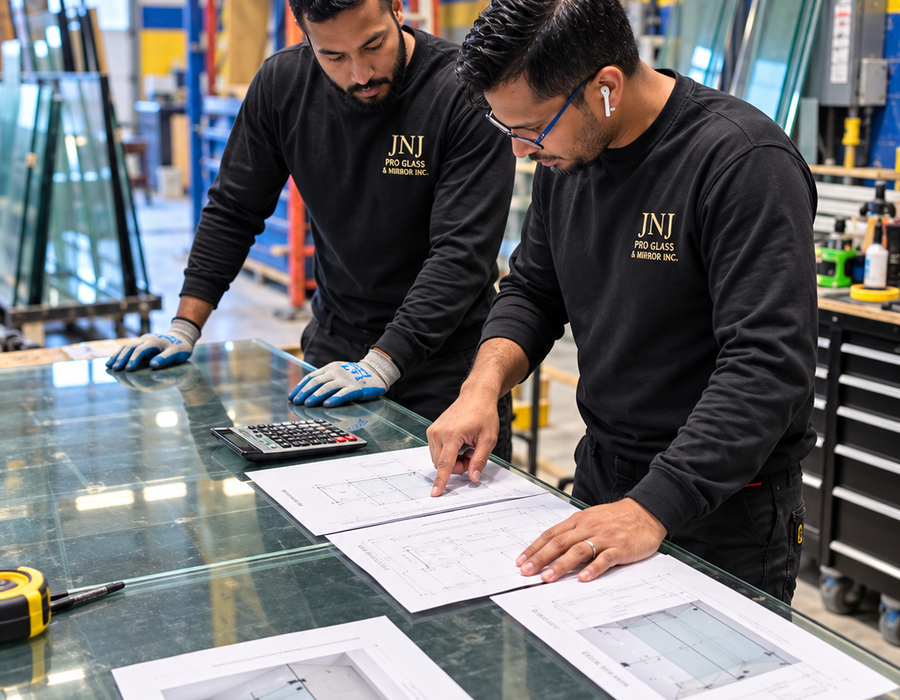 JnJ Pro Glass & Mirror fabrication shop — custom glass cutting and preparation