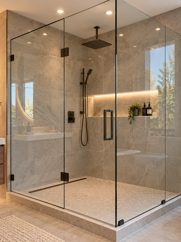 Frameless glass shower enclosure