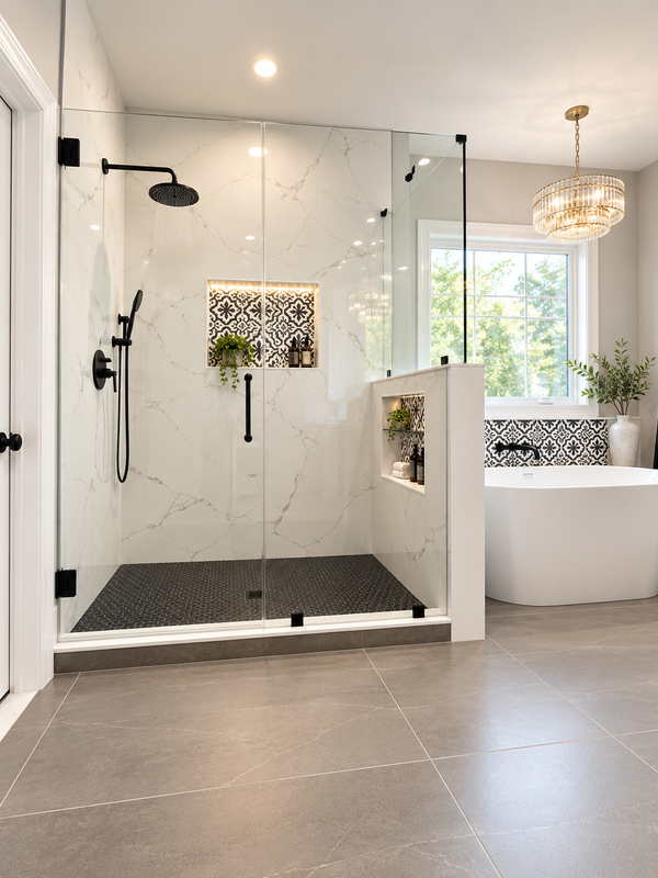 Frameless glass shower enclosure in white marble bathroom