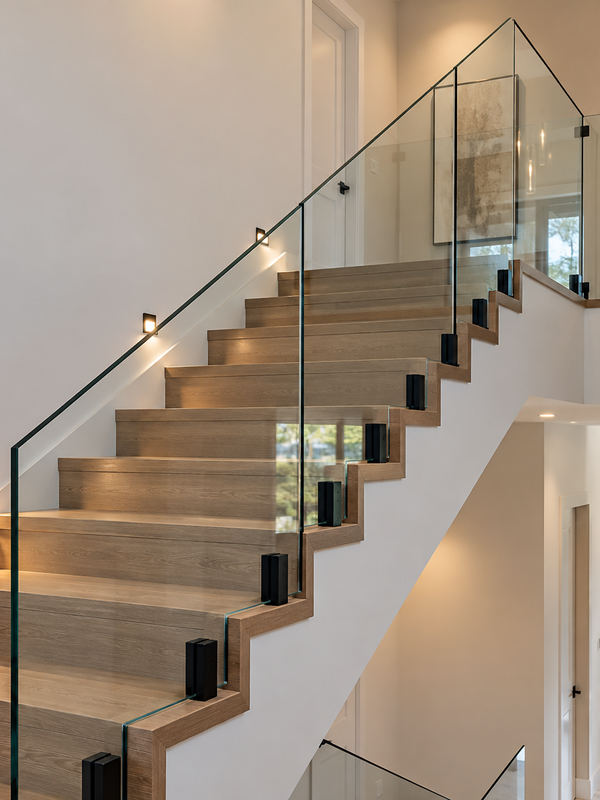 Floating staircase with glass railing in modern home