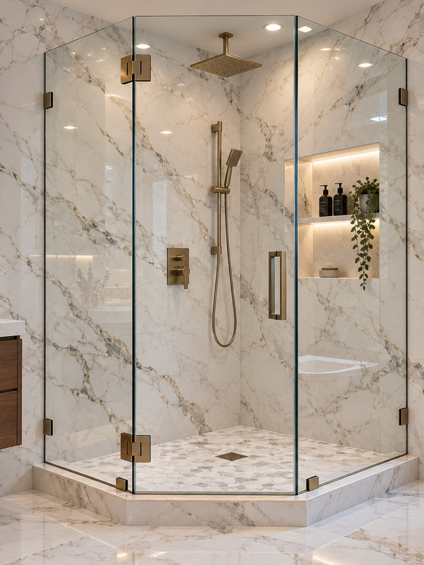 Neo-angle glass shower enclosure in modern bathroom
