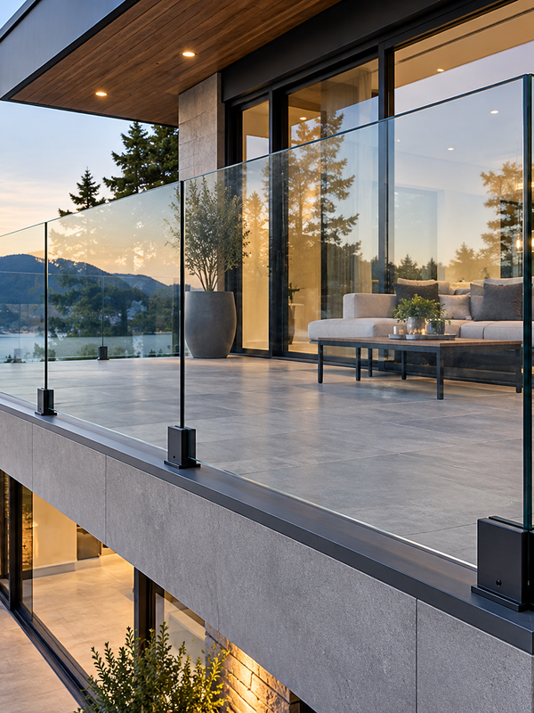 Glass balcony railing on modern home exterior deck