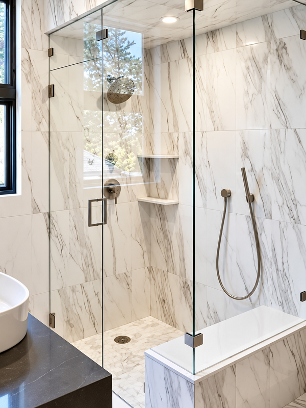 Luxury steam shower glass enclosure in dark tile bathroom