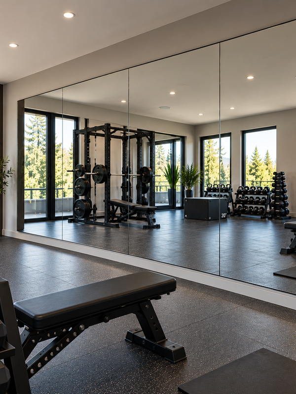 Large format wall mirrors installed in fitness studio