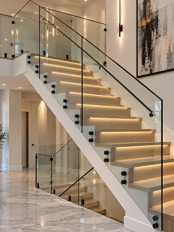 Glass railing on modern staircase