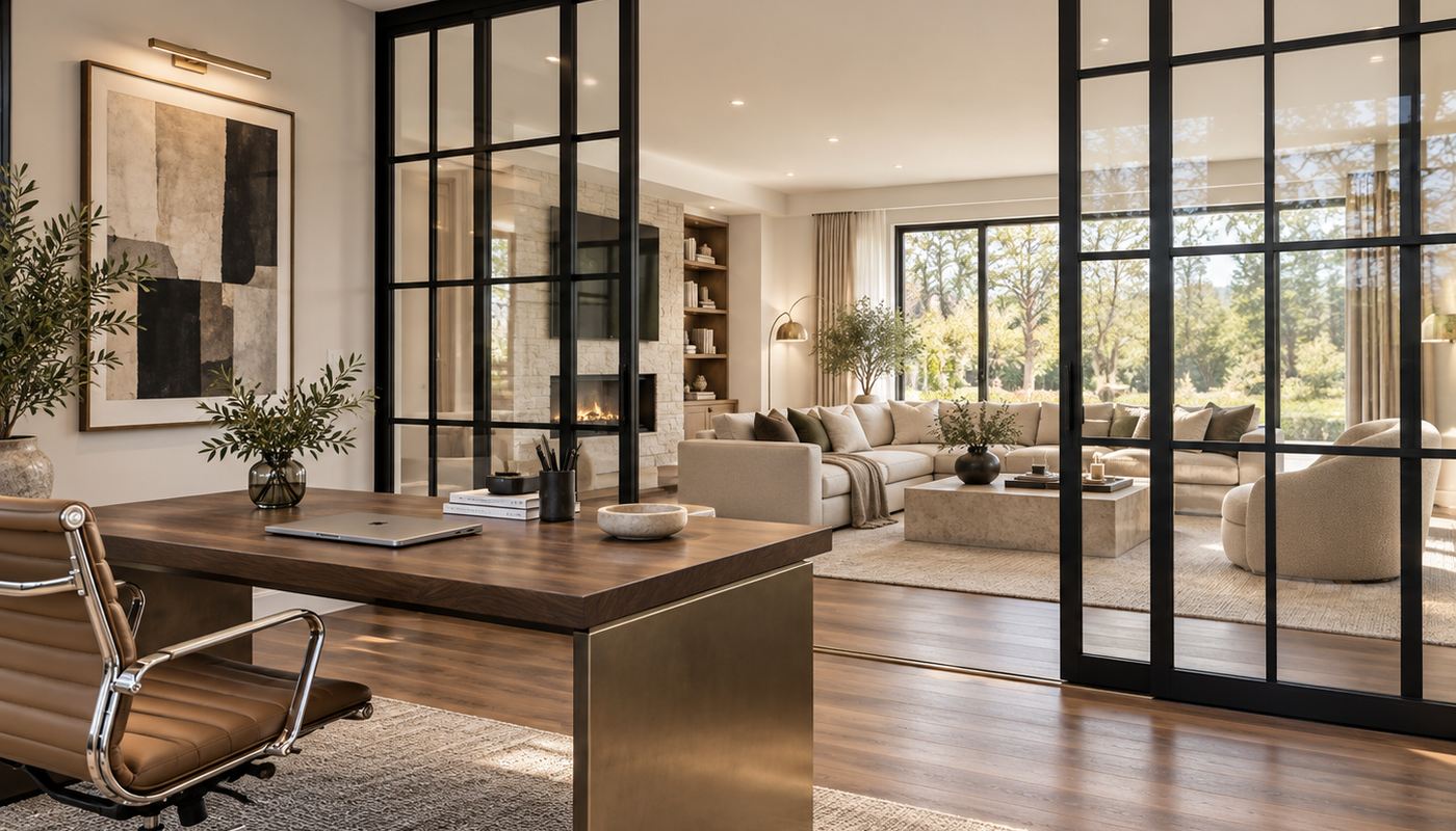 Interior glass partition in modern home