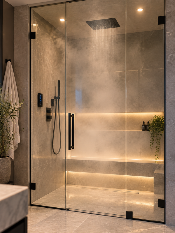 Custom frameless glass shower enclosure